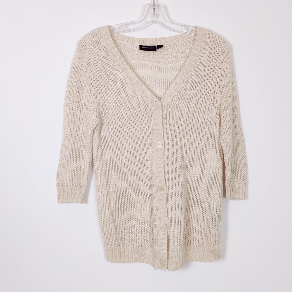 Kenneth Cole Women's Buttoned Knit Cardigan Cream Size Large Linen Cotton Beach